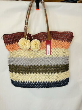 Merona Target Woven Multi Stripe Ombré Beach Travel Bag Purse Totes NWT Poms